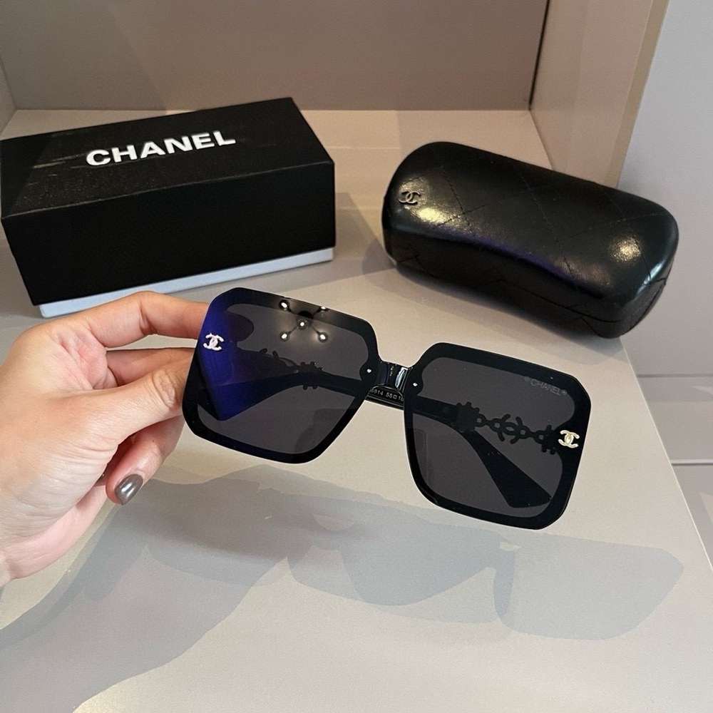 Chanel Dark Lens Square Sunglasses Black Frame Chain OS